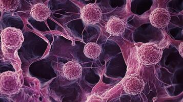 Microscopic view of cellular structures in a purple hue, showcasing intricate biological formations. Examination of cellular level details. photo