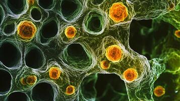 Cellular structure, likely a microscopic view of biological tissue. A complex, porous matrix is visible, dotted with orange spheres. photo