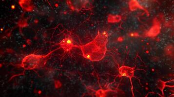 An abstract red and black rendering showing a network of nerve cells, illuminated in a microscopic view. Dark backdrop with glowing patterns. photo