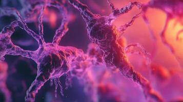 A detailed, microscopic rendering shows interconnected neural pathways highlighted in pink and purple against a colorful gradient backdrop. photo