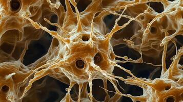 A highly detailed, microscopic view showcases a complex cellular structure, highlighted by intricate connections and organic textures. photo