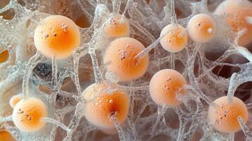 Microscopic view of a fungal colony showcasing the interconnected network of hyphae and vibrant, spherical spores growing on a substrate. photo