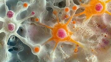 Microscopic view displaying cell structures, intercellular connections, and spherical bodies within a biological matrix. photo