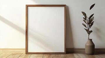 Blank framed artwork against a neutral wall, illuminated by soft sunlight next to a tall vase with dried foliage photo
