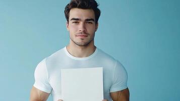 Handsome man posing with a blank white card in front of a blue background, showcasing a clean aesthetic and modern simplicity. photo
