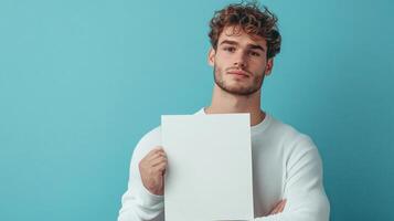Handsome man confidently holding a blank white sign against a vibrant blue background. Perfect for promoting various messages and ideas. photo