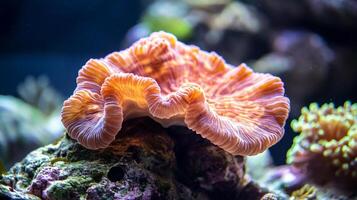 A vibrant orange coral gracefully rests atop a rock, displaying delicate ridges and an undulating form in an underwater setting. photo