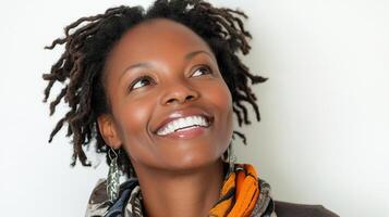 Radiant woman with locks gazes upwards, a portrait of hope and possibility against a bright backdrop. Serene, introspective, and beautiful. photo