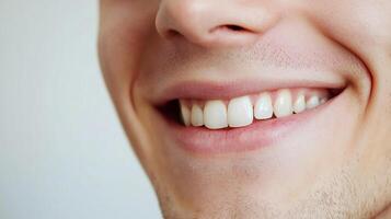 Close-up of a smiling face showing healthy teeth and gums, dental hygiene, and a positive expression against a neutral background. photo