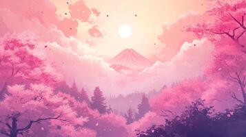 Pink blossoms frame a distant mountain peak under a serene sky, creating a peaceful landscape with a soft, dreamlike quality. photo