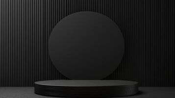 Monochromatic display featuring a circular backdrop, black podium, and a textured wall, creating a sleek, modern presentation surface. photo