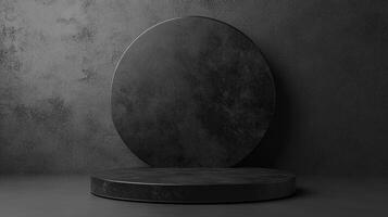 Minimalist backdrop featuring a dark, textured round platform against a mottled wall, ideal for highlighting products in a sophisticated setting. photo