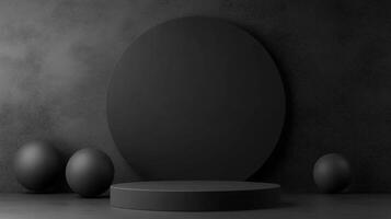 Monochrome product display showcasing three spheres against a textured wall, with a circular backdrop and cylinder podium, all in black. photo