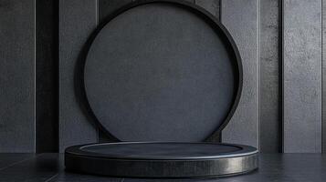 A modern and minimalist stage with a round backdrop, perfect for showcasing products or creating an elegant display. Sleek and sophisticated design. photo