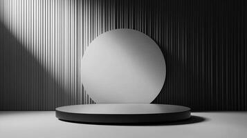 Minimalist presentation stage featuring a round backdrop and a cylindrical platform under a beam of light against a textured wall. photo