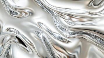 Abstract liquid silver surface with flowing ripples and glossy reflections creating a smooth, textured metal background, elegant backdrop. photo