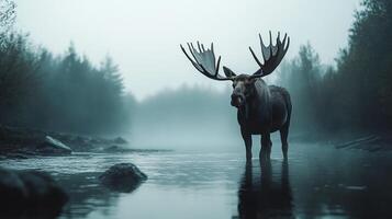A moose stands majestically in a misty river, its large antlers silhouetted against the foggy forest backdrop, creating a serene natural scene. photo