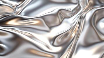 Silver, fluid fabric reflects light in soft waves and folds, creating a smooth, luxurious texture with subtle highlights. Abstract elegance. photo