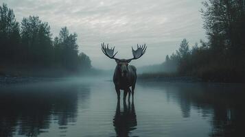 Majestic moose wading in a misty river, antlers towering against the foggy sky. A serene wildlife scene in a tranquil environment. photo