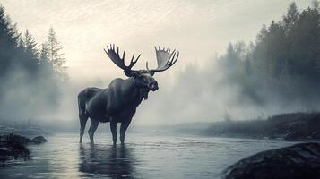 Majestic moose wading through a misty river in a forest, its large antlers creating an imposing silhouette against the atmospheric fog. photo