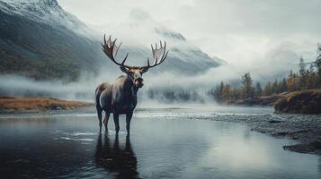 Majestic moose stands in misty river, mountains in the background. Wild animal in nature, surrounded by serene landscape. photo