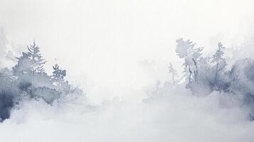 Watercolor painting of a foggy forest landscape with evergreen trees in a muted blue tone and a serene, misty atmosphere. photo
