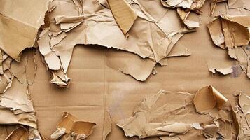 Fragmented brown cardboard pieces scattered across a flat surface, creating a textured and layered composition. photo