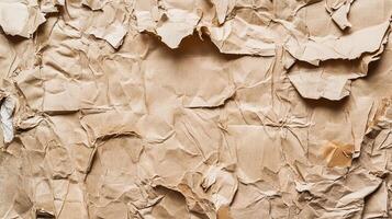 A textured close-up reveals the intricate details of wrinkled and torn brown paper, creating an abstract pattern with depth and character. photo