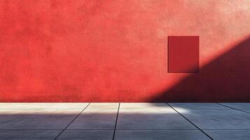 Geometric shapes cast shadows on a red wall, highlighting minimalist design. A contemporary look with strong lines and bold color. photo
