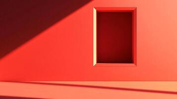 Minimalist interior bathed in light, featuring a recessed rectangle on a red wall, creating depth and a sense of modern serenity. photo
