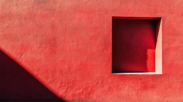 Geometric shapes on red stucco wall with a square opening and sharp shadow line creating a minimalist architectural composition. photo