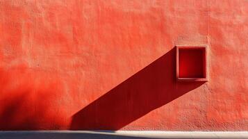 Red wall with a square frame in the wall. The light casts a harsh shadow across the stucco wall, adding depth to the minimalist picture. photo