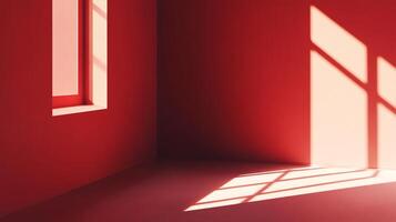 Sunlight streams through a window casting shadows on a red room. This is an abstract, minimalist, interior architecture image. photo