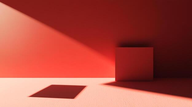 A minimalist still life featuring a solid red cube in a room flooded with sunlight, casting sharp shadows and highlighting a clean design. photo