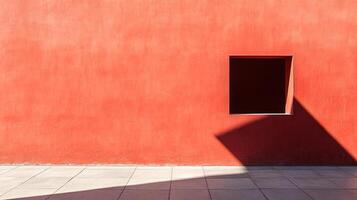 Abstract architectural scene featuring a stark, bold red wall with a square window casting a long shadow on a tiled surface. photo