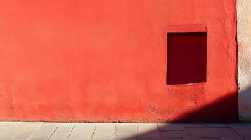 Vibrant red wall with a window-like niche, contrasted by a concrete floor and a sharp diagonal shadow. An iconic architectural image. photo