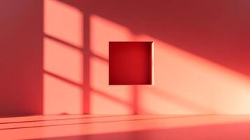 Geometric abstraction featuring a central red square against a sunlit wall, creating a play of shadow and form in a minimalist space. photo