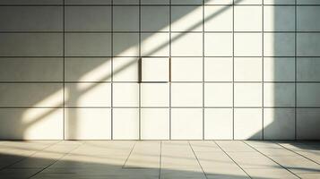 Sunlight streams across a tiled wall, highlighting the geometric pattern in an empty room with a sense of clean, modern design. photo