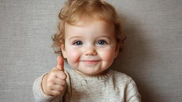 Adorable toddler with curly hair gives a thumbs up and a charming smile, radiating joy and positivity against a neutral backdrop. photo