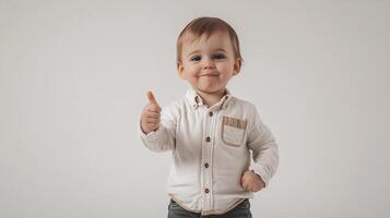 Cheerful baby giving a thumbs up in front of a plain background, expressing approval and positivity with a cute smile and hand gesture photo