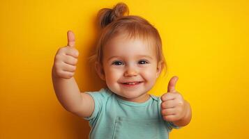 Adorable toddler with a bright smile gives a thumbs up against a vibrant yellow backdrop, radiating positivity and charm. photo