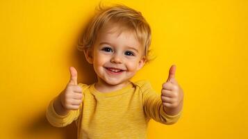Happy toddler gives enthusiastic thumbs up against a bright yellow background, radiating joy and positivity in a delightful moment. photo