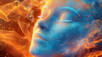 Abstract image of a face created with orange and blue glowing shapes. The person's eyes are closed. The overall tone is dreamlike. photo