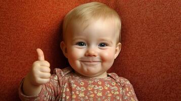 Happy baby giving a thumbs up against a red backdrop. Joyful, positive, and adorable expression. Expressing approval and positivity. photo
