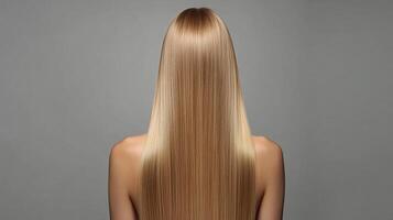 Rear view of woman with long, straight blonde hair that is shiny and healthy against gray backdrop, highlighting hair's smooth texture. photo