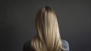 A woman with straight, blonde hair. The hair is long and styled in a middle part, covering the face, with a dark grey background. photo