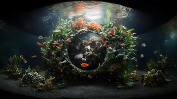 A large aquarium with a circular mirror in it photo