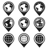 Globe Icons Simple Black and White Map Pins and Planet Symbols. vector