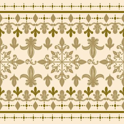 Elaborate Fancy Golden Silk Embroidery on Beige Background. Luxury Border Pattern Fleur de lis Nature Scroll Ornament Seamless Design Stripe. Delicate Classy Gold Weaves Exquisitely Haute Couture
