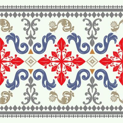 Exotic Fleur de lis Geometric Detailed Royal Silk Weaves Exquisitely Border Pattern. Vintage Powerful Delicate Scroll Ornament Embroidery Contrast Gold Navy Red on Light Blue Pastel Background.